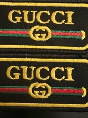 Embroidered Logo Patch in Black & Gold with Red/Green Stripe Iron/Sew on